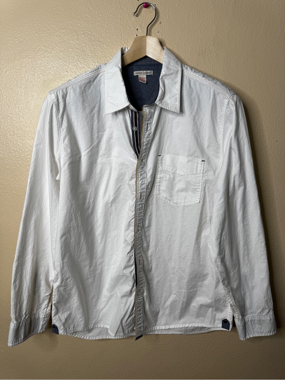 Carbon2Cobalt Men’s White Cotton Long Sleeve Button Up Shirt Contrast Trim large